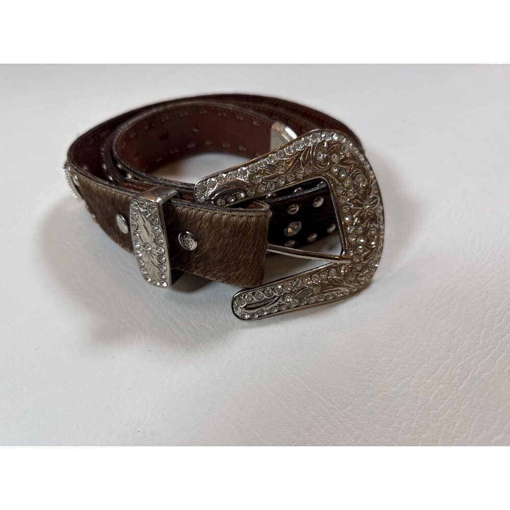 Handcrafted Leather Cowhide Belt Western Style Rhinestones Floral Buckle Design - Picture 2 of 9